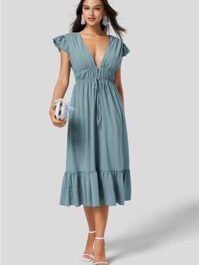 HALARA Dusty Blue V-Neck Midi Dress